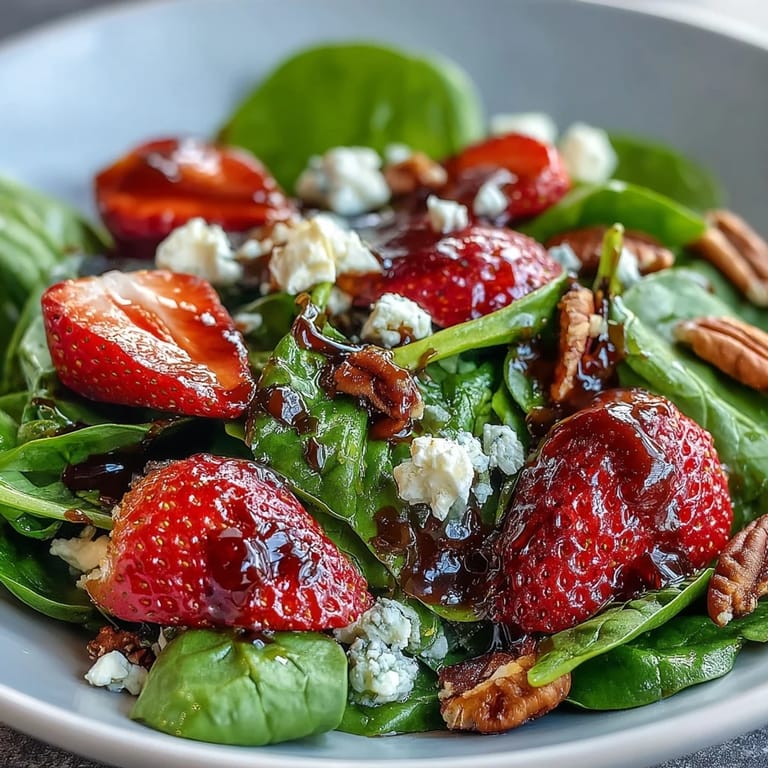 Colorful strawberry spinach salad with ripe berries, crumbled goat cheese, and sweet candied pecans, perfect for a light spring lunch.