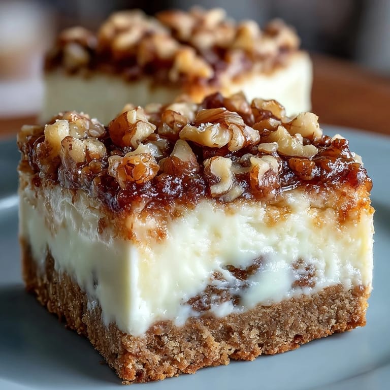Creamy cheesecake layered with moist carrot cake, topped with chopped nuts for a delightful texture contrast.