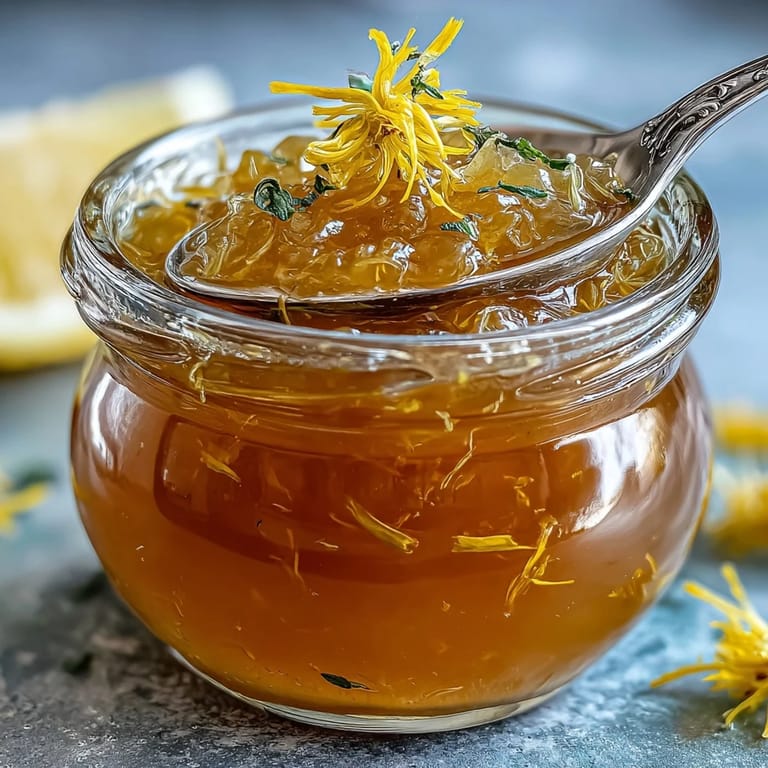 Golden dandelion jelly with zesty lemon and wildflower honey, capturing spring's essence in a jar for your morning table.