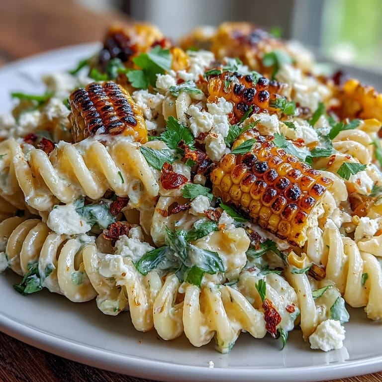 Creamy Elote Corn Pasta with Cotija cheese, tossed with smoky spices, sweet corn, and zesty lime for a refreshing Mexican-inspired dish.