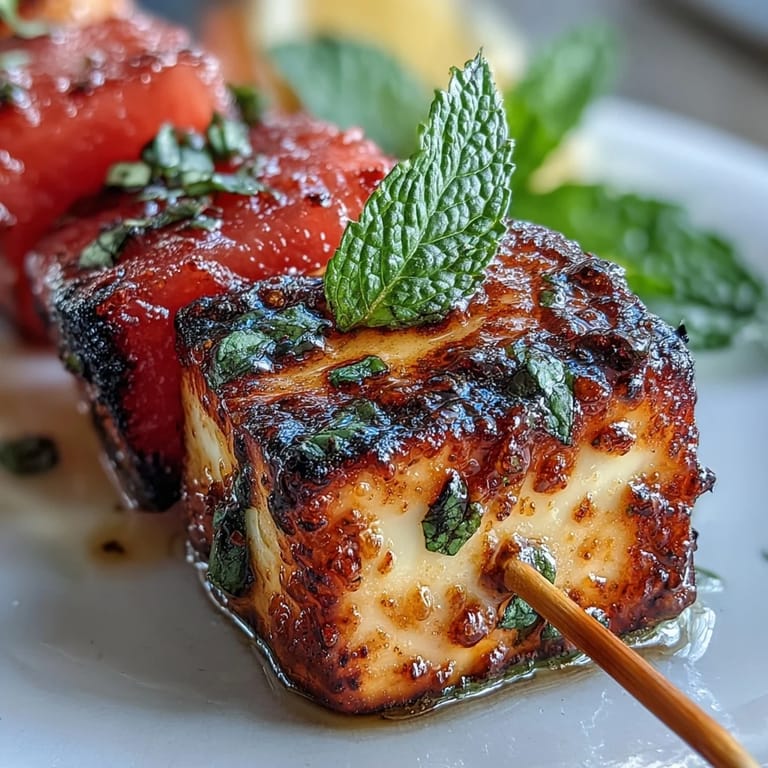 Juicy watermelon and golden halloumi skewers, grilled to perfection with mint.