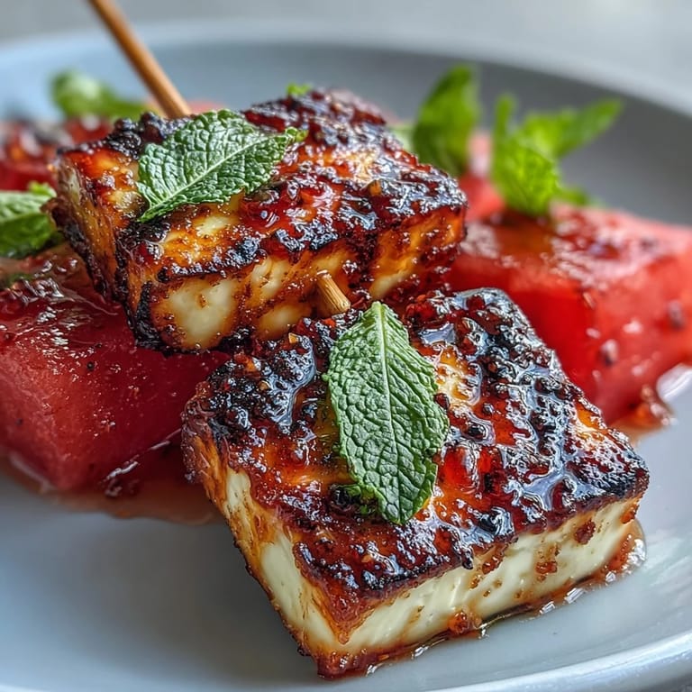 Golden halloumi skewers with sweet watermelon and fresh mint, perfect for grilling.