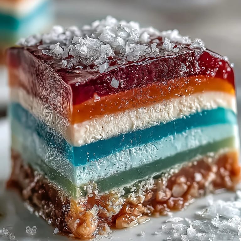 Showstopper rainbow jelly cake with agar-agar, ready to be sliced and enjoyed.