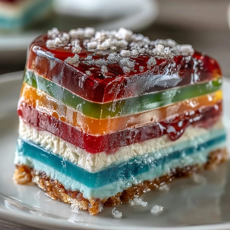 Silky layered rainbow jelly cake, a visually stunning dairy-free treat for sharing.