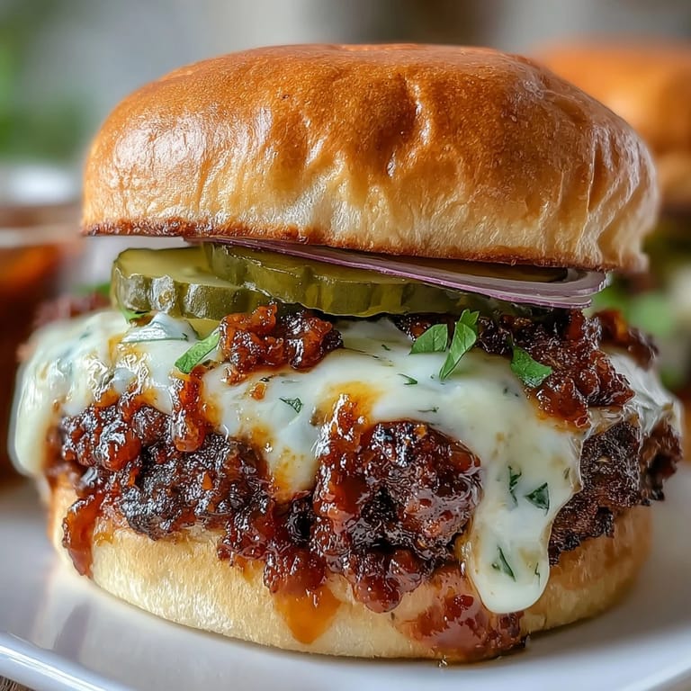 Golden brioche slider buns hold delicious, cheesy Memorial Day BBQ smash burger sliders ready to enjoy.