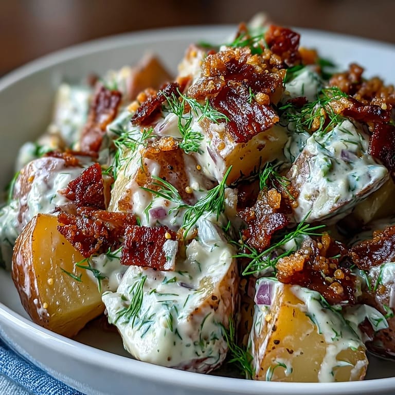 Chilled Memorial Day Potato Salad with tangy dill and savory bacon bits.
