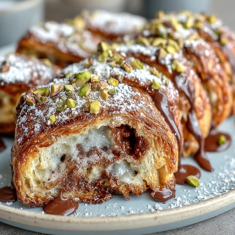 Warm, decadent Dubai Chocolate Pistachio Croissant French Toast oozing with chocolate, ready to serve.