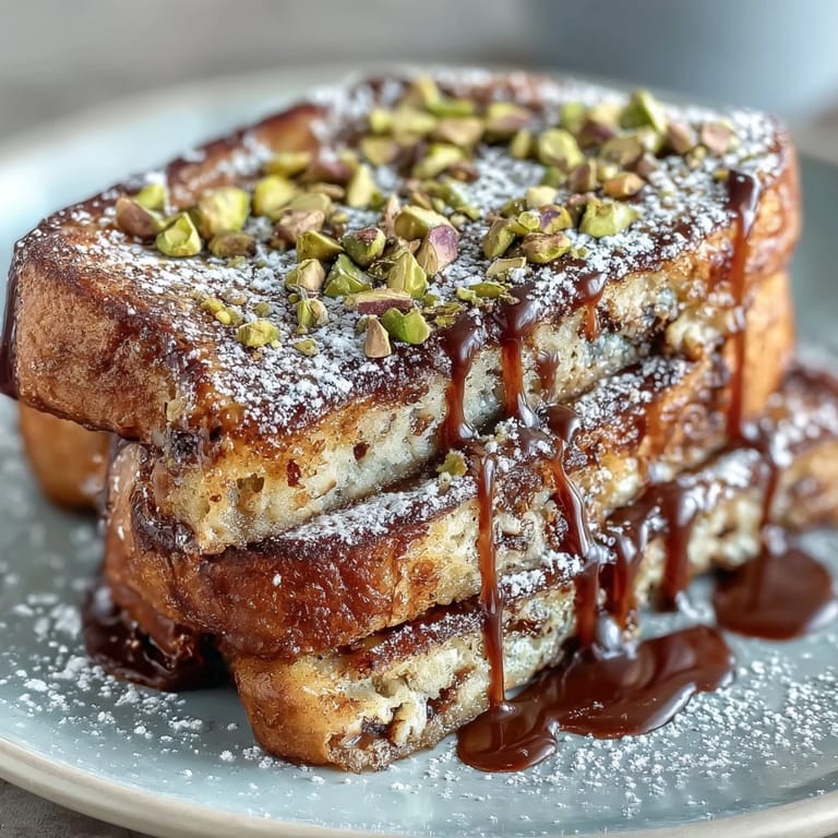 Dubai Chocolate Pistachio Croissant French Toast topped with crunchy pistachios and powdered sugar.