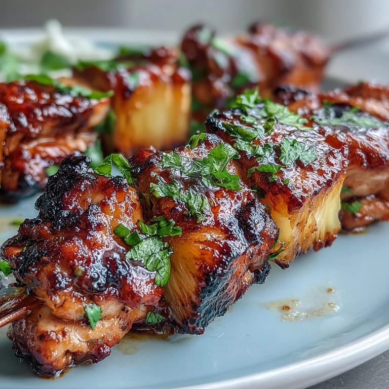 Golden brown chicken al pastor skewers with vibrant pineapple, ready for serving.