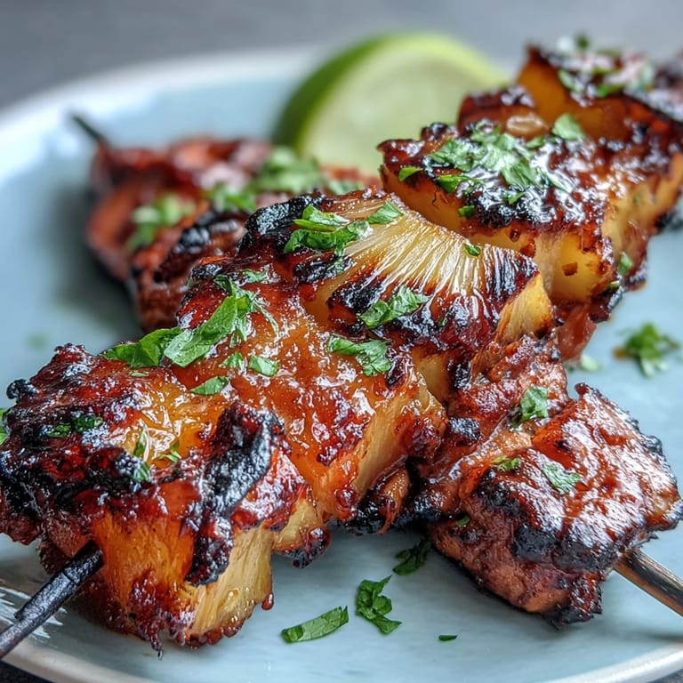 Smoky, tender chicken al pastor skewers loaded with caramelized pineapple chunks.