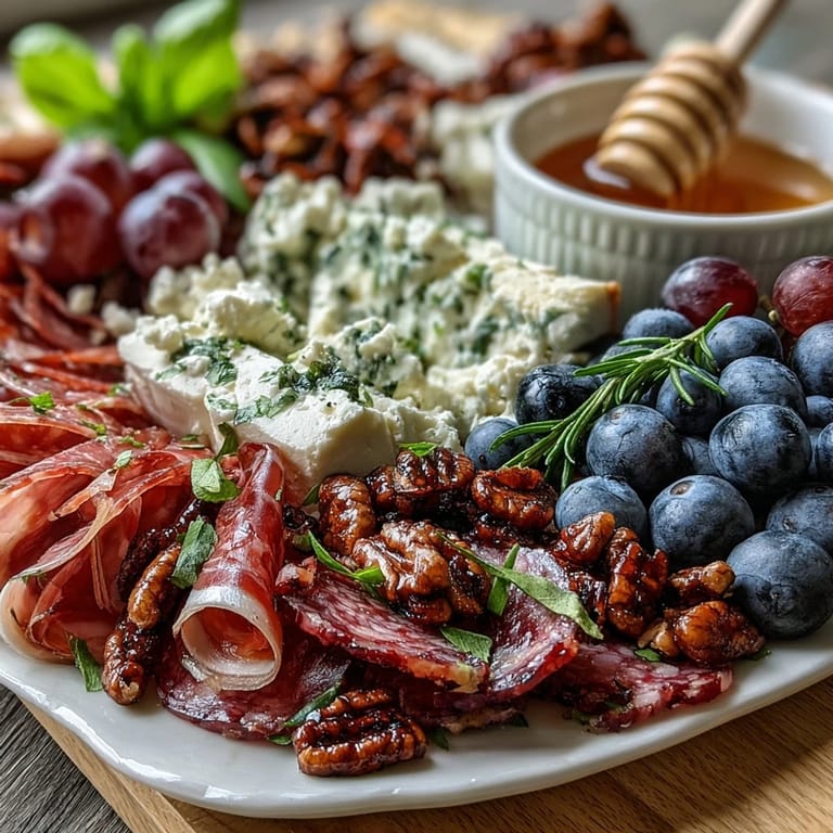 Abundant platter showcasing summer charcuterie, ripe berries, and sweet honey.