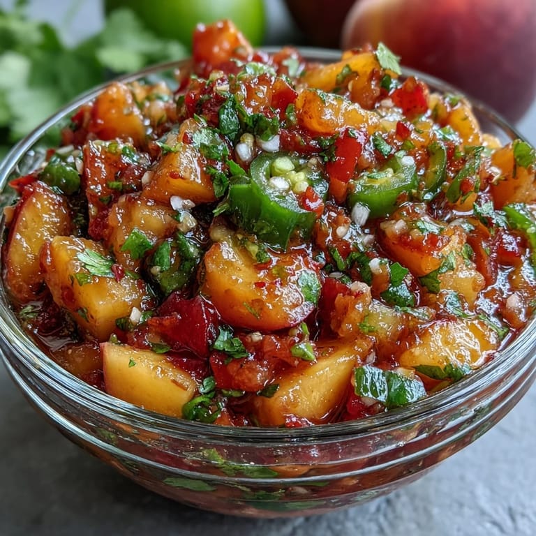 Juicy peach jalapeño salsa bursting with sweet spice, perfect alongside flaky fish.