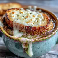 Golden, caramelized onions simmer in a rich beef broth, bubbling under melted Gruyère and a crusty bread slice.