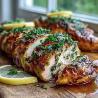 Juicy oven baked chicken breast seasoned with paprika and oregano, fresh from the oven and resting before slicing.