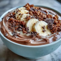 Thick Chocolate Peanut Butter Smoothie Bowl topped with fresh banana slices, granola and a rich peanut butter drizzle.