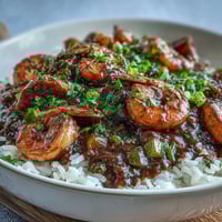 Steaming Classic New Orleans Étouffée served over fluffy white rice with fresh green onions.
