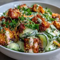 Golden, crispy tofu cubes rest atop a bed of creamy sesame-ginger dressed cucumber and carrot salad for a refreshing lunch.