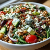 A vibrant Mediterranean Farro Bowl with chickpeas, cherry tomatoes, cucumber, and a creamy tahini dressing.