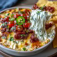 Cinco de Mayo Loaded Queso Dip with chorizo and melted cheese in a skillet, topped with pico de gallo and jalapeños.