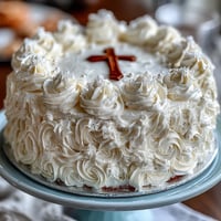 First Communion Cake with White Roses and Cross Topper: Elegant vanilla sponge layered with silky buttercream, adorned with delicate white fondant roses and a shimmering cross topper.