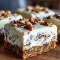 Decadent carrot cake cheesecake bars with a swirl of spiced carrot cake and rich cream cheese filling.