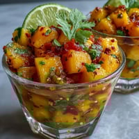 Vibrant mango and pineapple fruit cups with zesty lime and chili seasoning, perfect for a refreshing summer snack.
