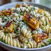 A colorful bowl of Elote Corn Pasta with Cotija, featuring charred corn, red bell pepper, and fresh cilantro in a creamy lime dressing.