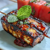 Grilled Halloumi Skewers with Watermelon and Mint, a colorful appetizer.