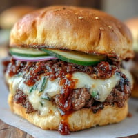 Juicy Memorial Day BBQ smash burger sliders glistening with secret sauce on toasted buns.