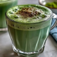 Vibrant green matcha oat milk latte, a frothy, dairy-free vegan beverage.