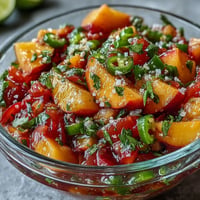 Fresh peach jalapeño salsa topping grilled fish with vibrant summer colors.
